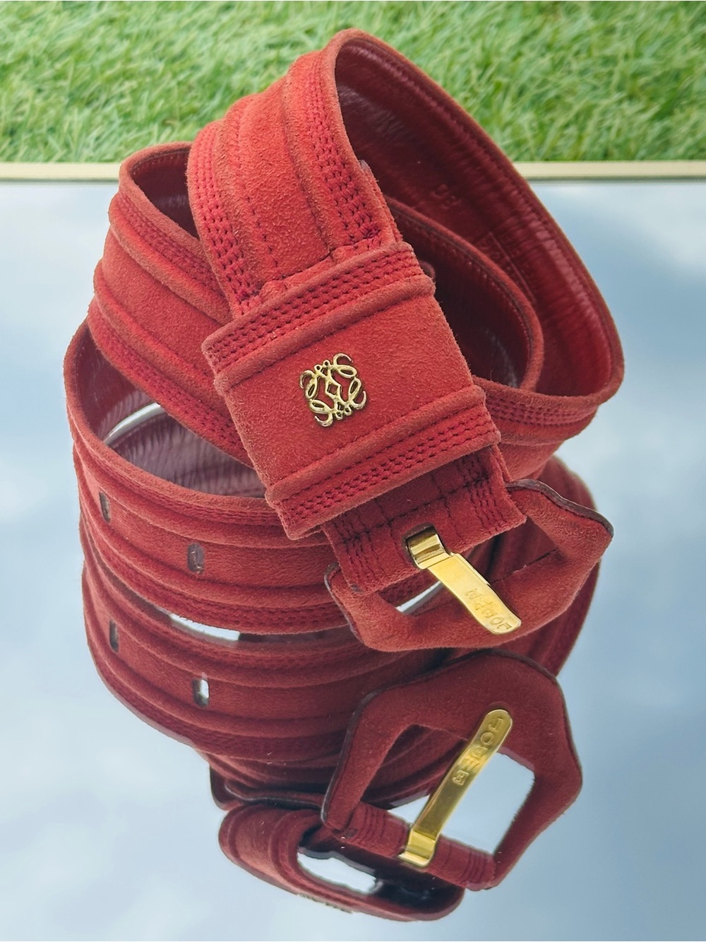 Loewe Red Suede Belt with Gold Hardware
